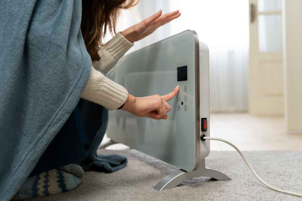 woman sitting near heater home 11zon