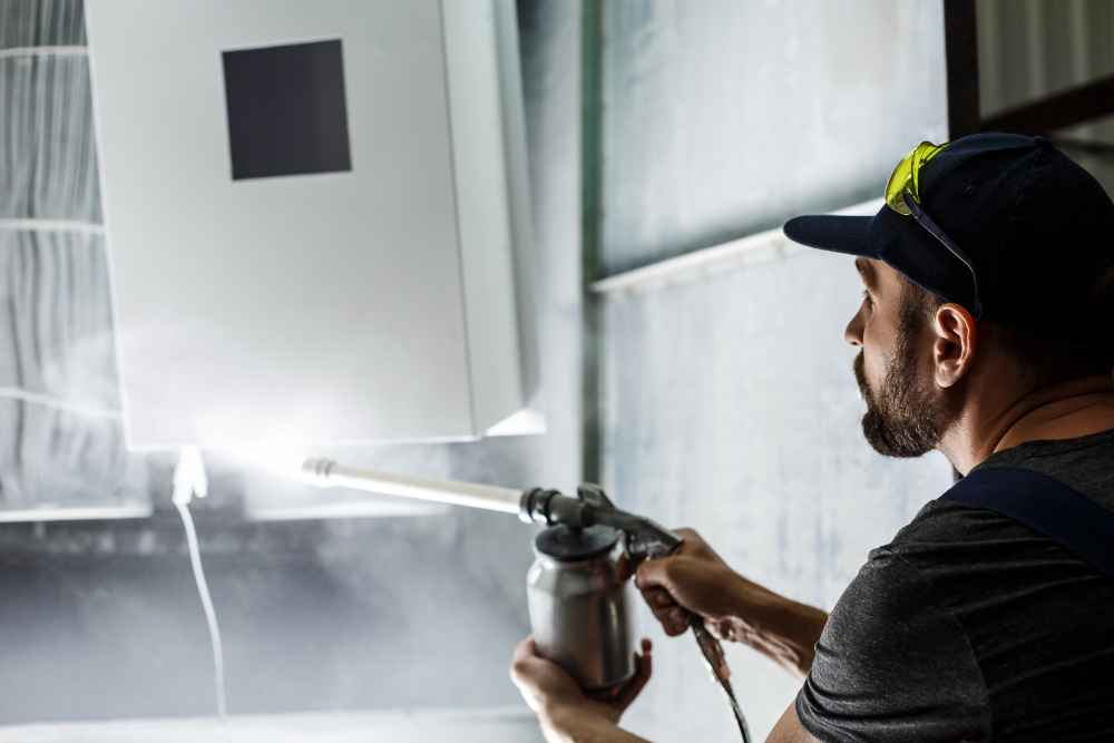 worker painting detail with air spray pistol 11zon