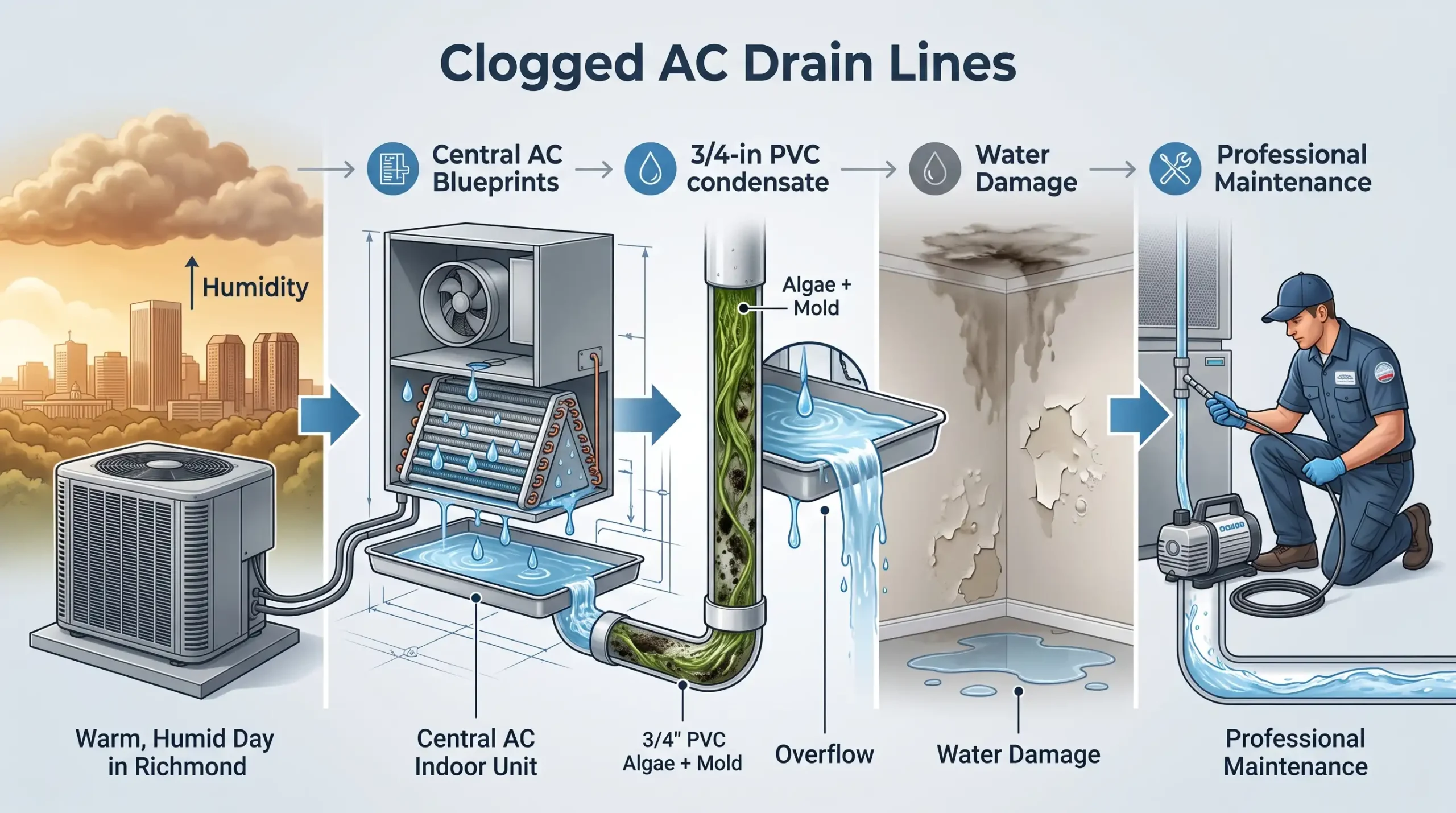 Why Richmond's Summer Humidity Makes AC Service More Critical Than in Dry Climates 1 Clogged Drain Lines Richmond's Most Common AC Problem