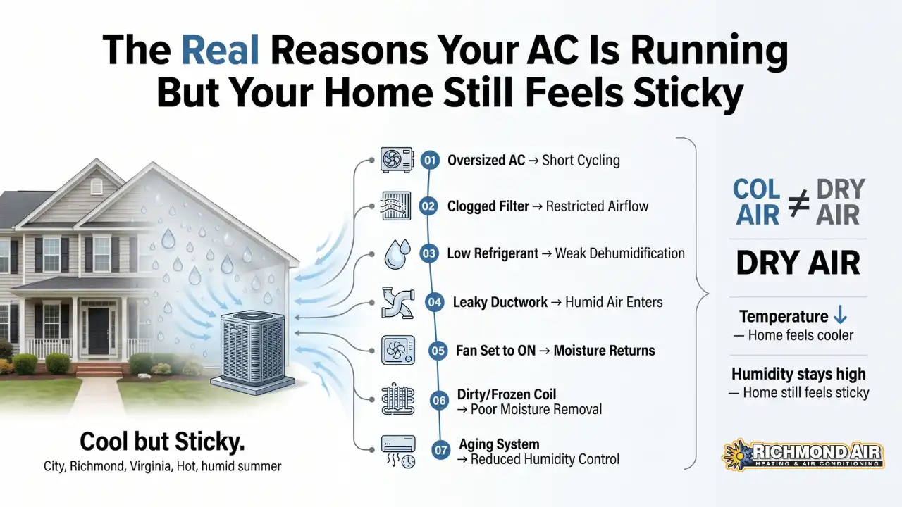 High Humidity vs. Your AC: Why Richmond Homes Feel Sticky Even When the AC Is Running 1 The Real Reasons Your AC Is Running But Your Home Still Feels Sticky