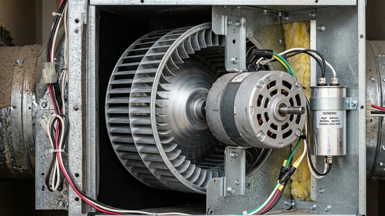 Residential air handler blower motor assembly compartment inside a Richmond VA home attic