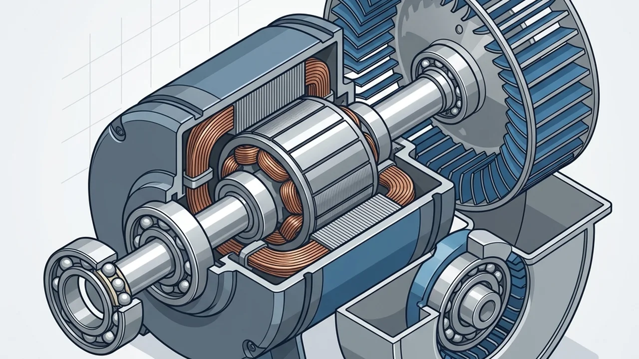 Technical cutaway diagram of HVAC blower motor components and steel ball bearings