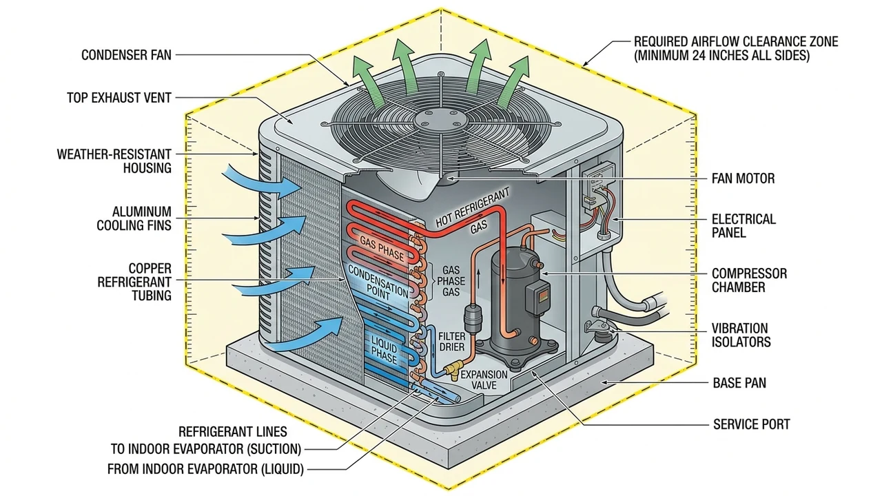 Figure 1: 3D technical cutaway diagram of outdoor AC condenser coil showing airflow, fan exhaust, and refrigerant phases