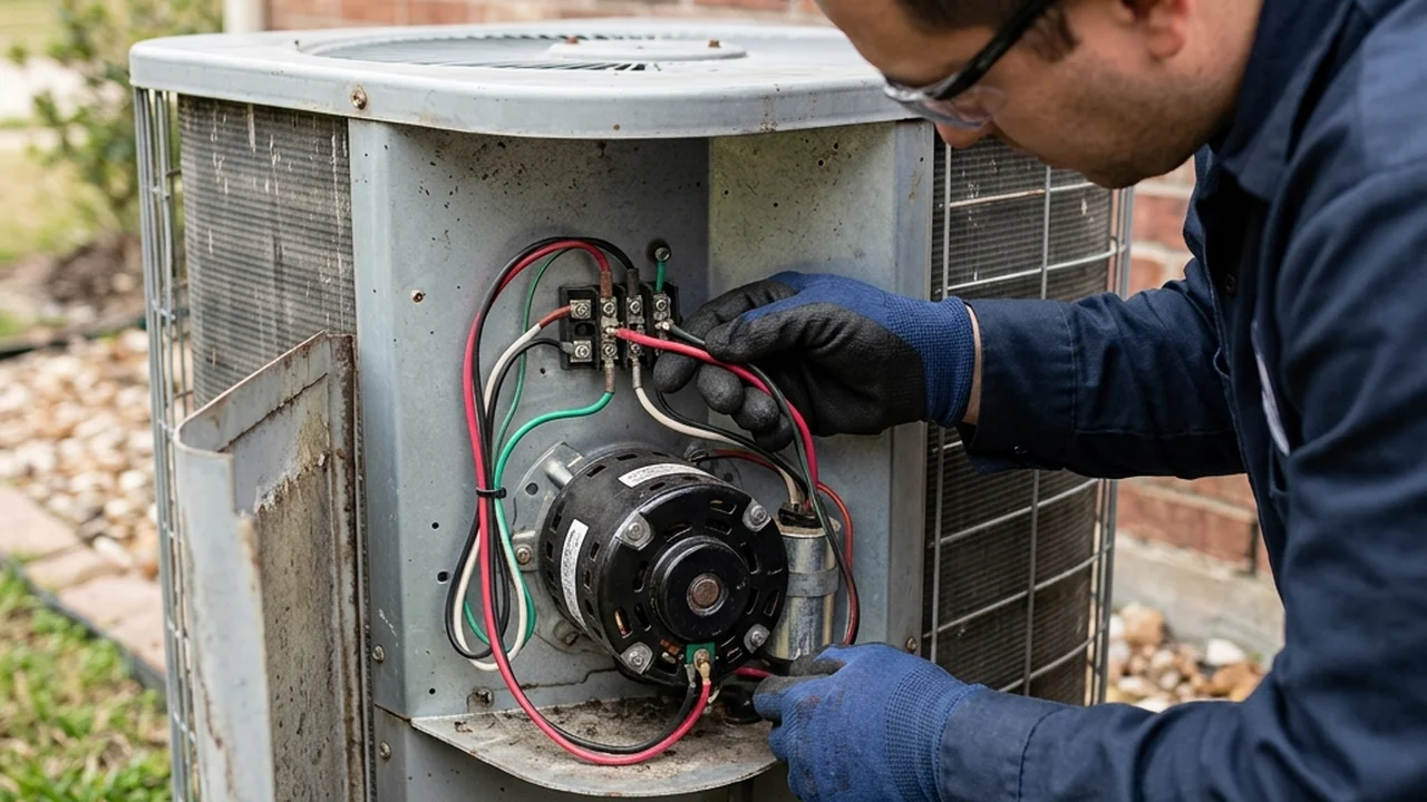 HVAC technician testing outdoor AC condenser fan motor bearings during a service call