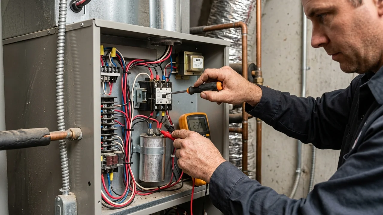 10 Things Richmond AC Technicians Notice During a Service Call That Homeowners Miss 2 Technician testing capacitor and contactor voltage inside residential AC unit