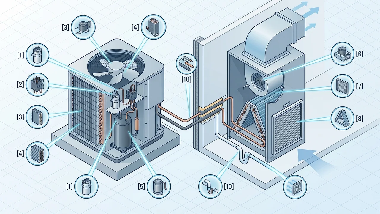 10 Things Richmond AC Technicians Notice During a Service Call That Homeowners Miss 1 Technical schematic showing 10 critical HVAC inspection points on central air system