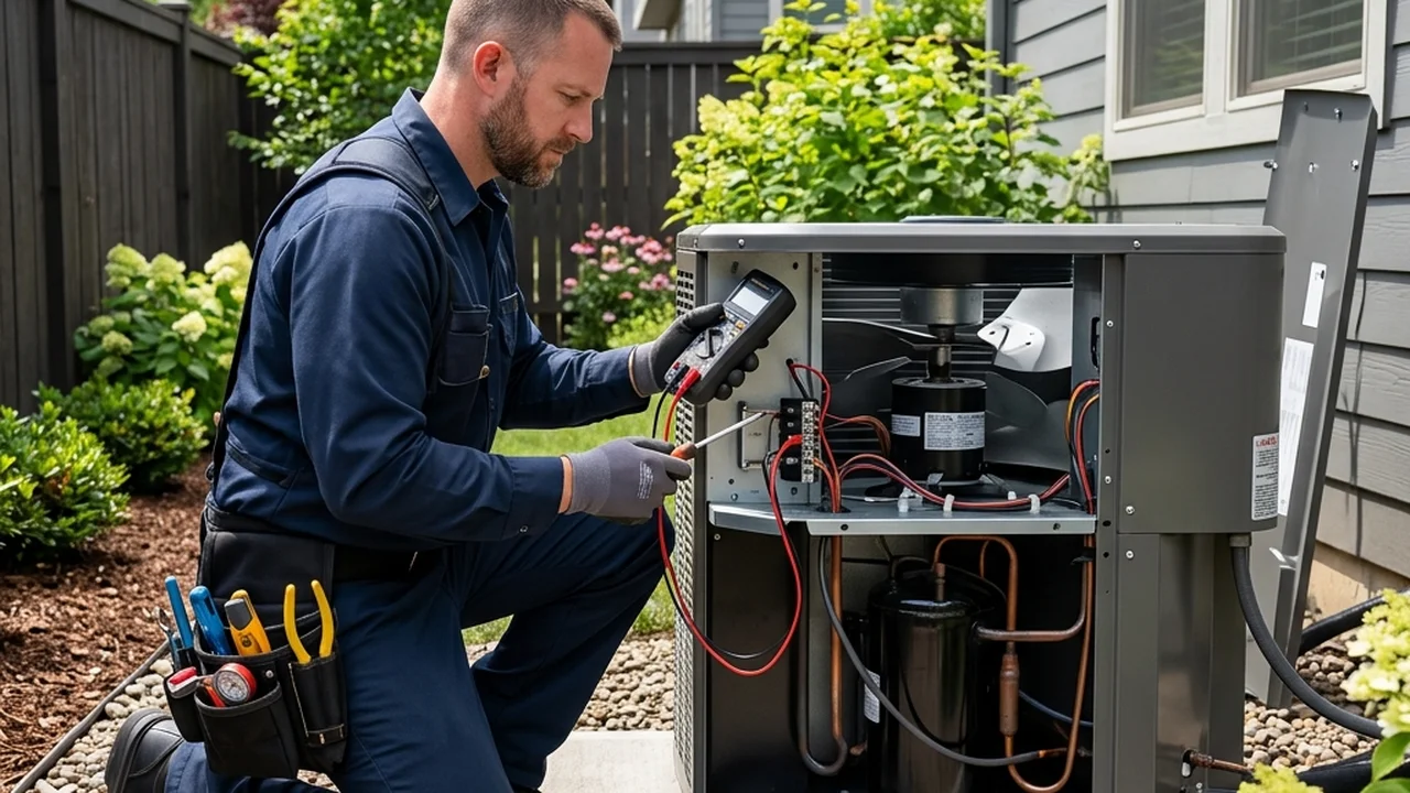 Richmond AC technician inspecting outdoor air conditioner motor and wiring