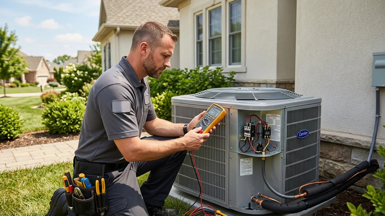 Richmond HVAC technician performing electrical testing on outdoor air conditioner