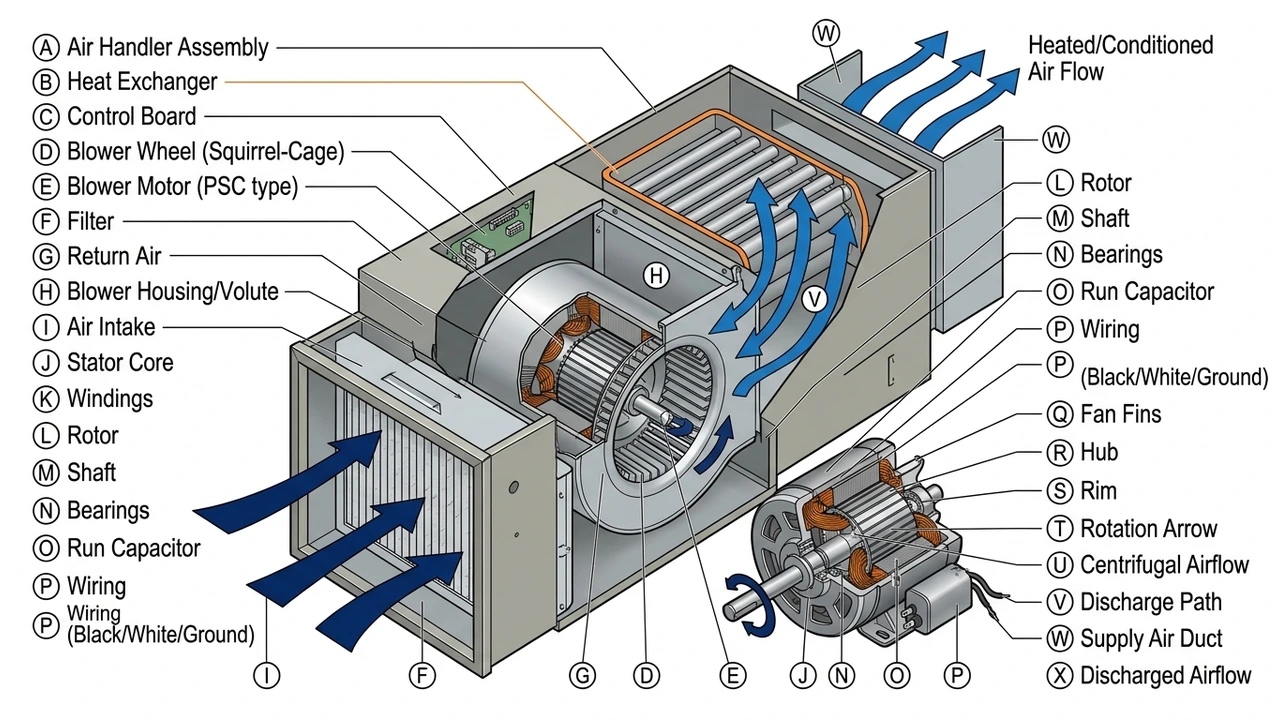 Why Your AC Is Running But Not Moving Air: Blower Motor Failure in Richmond Homes 1 Figure 1: 3D mechanical cutaway diagram of a residential centrifugal blower motor and squirrel cage fan wheel