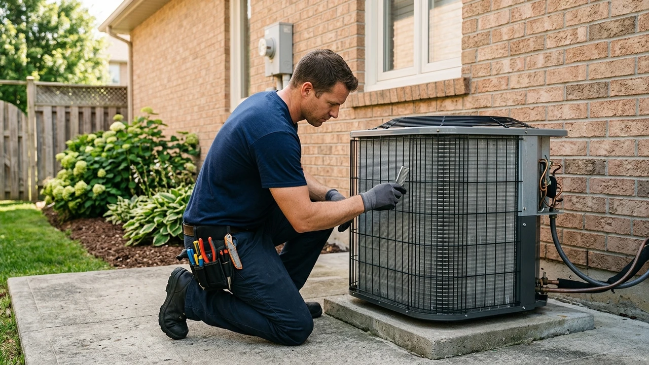 Licensed Richmond Air HVAC technician inspecting residential outdoor AC condenser unit in Richmond VA