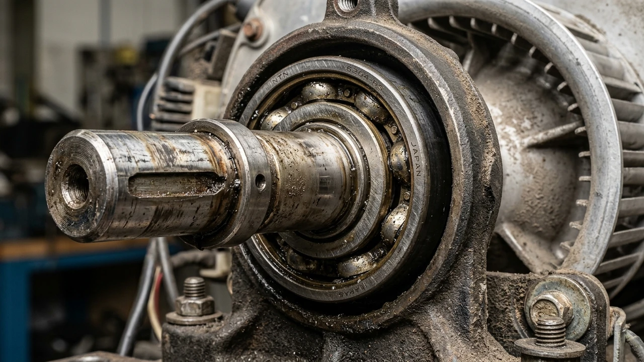 Macro photograph of air conditioning blower motor shaft assembly and ball bearing showing friction wear