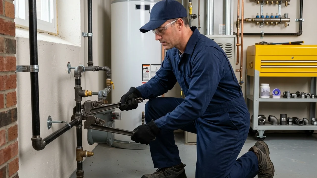 Technician performing diagnostic line pressure testing on outdoor HVAC equipment