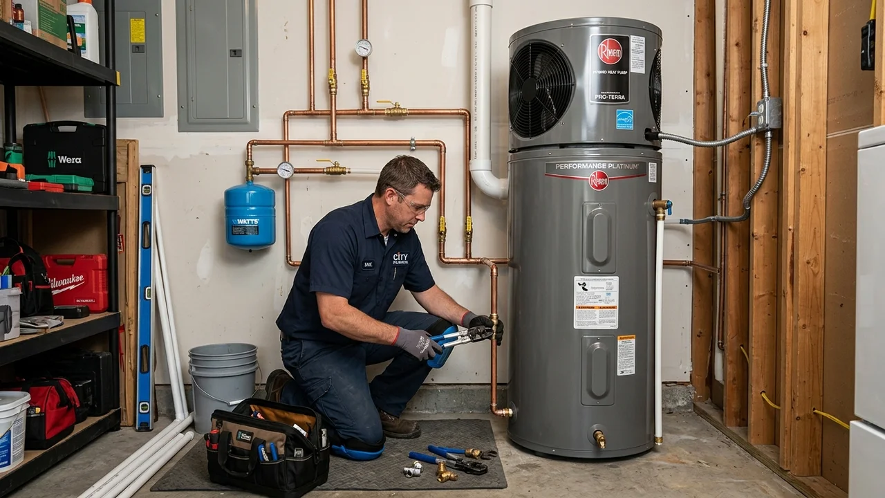 Modern high-efficiency heat pump and air conditioning cabinet showing exterior compressor compartment