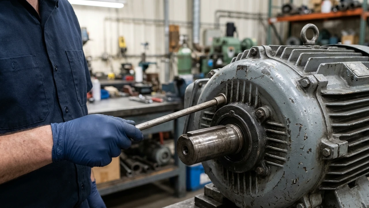 HVAC technician using electronic acoustic mechanic stethoscope to listen to motor vibration and bearing noise