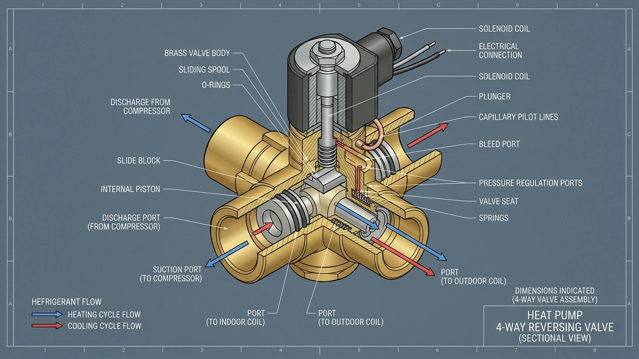 Figure 1: 3D mechanical cutaway diagram of heat pump 4-way reversing valve internal slide and refrigerant flow