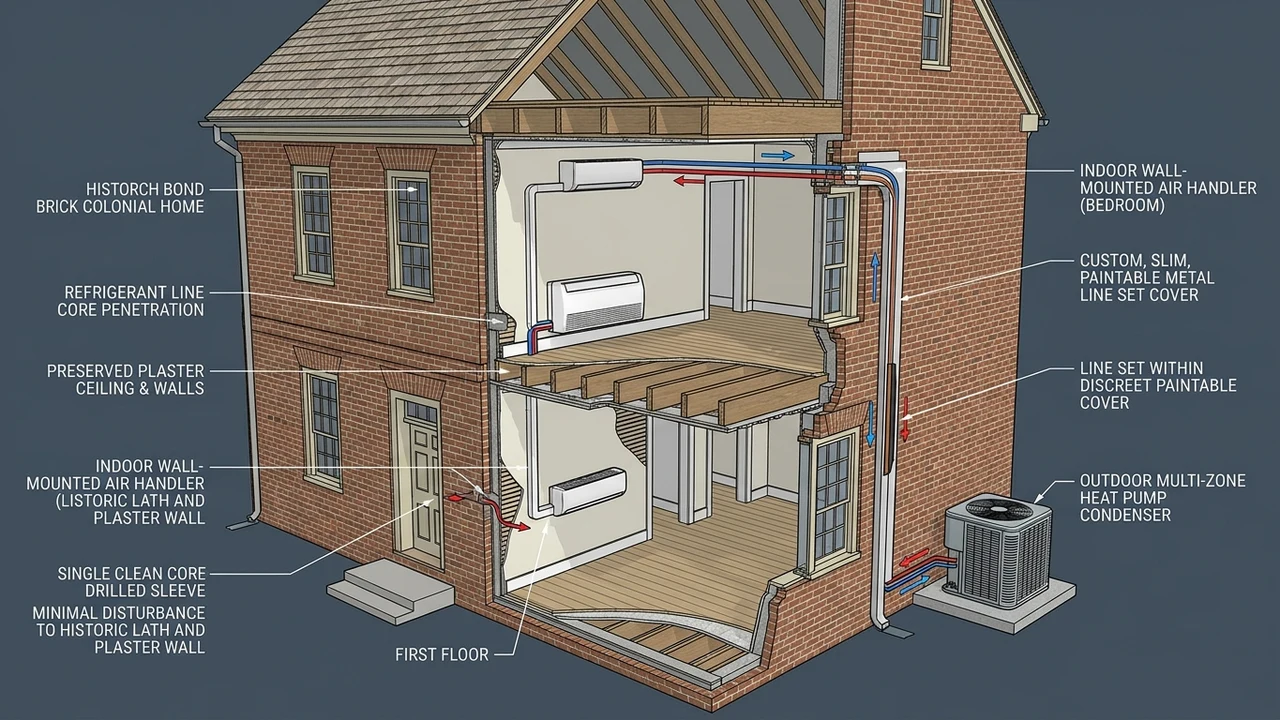 Concealing Line Sets and Preserving Plaster: How Ductless Mini-Splits Are Retrofitted in Richmond Historic Homes 1 Figure 1: 3D cutaway diagram of historic home mini-split refrigerant line set concealment and routing methods