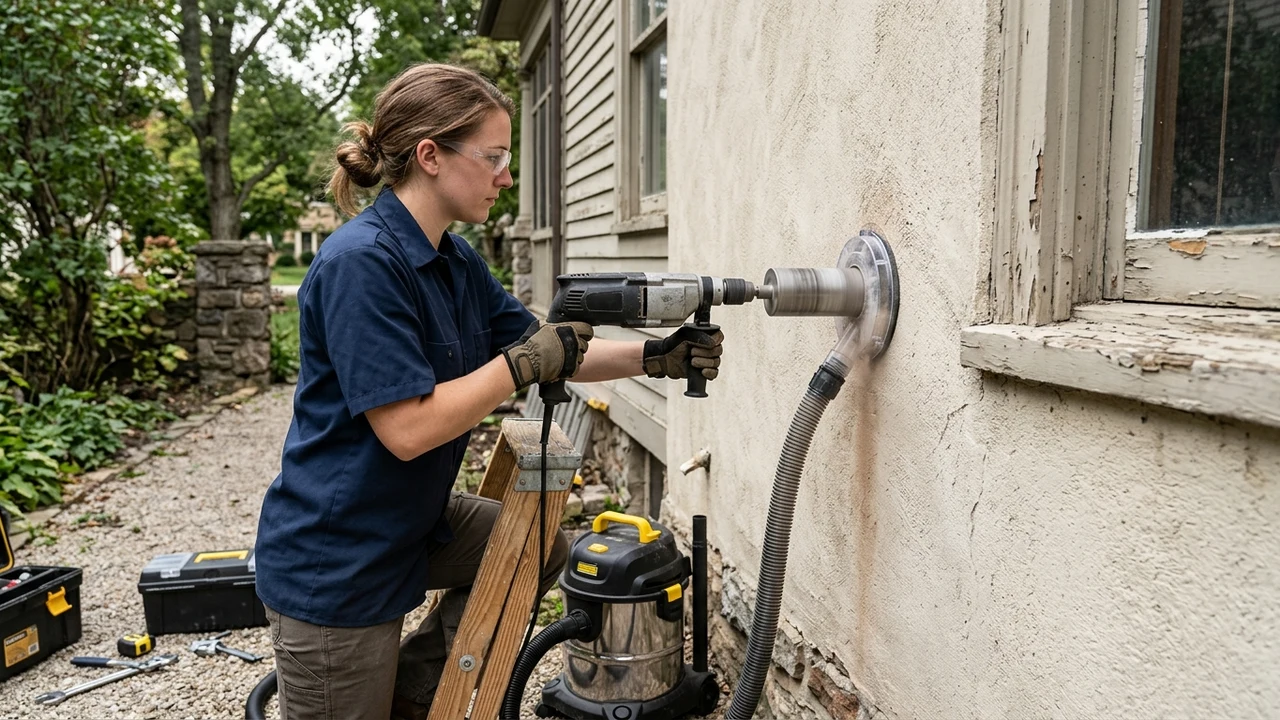 Concealing Line Sets and Preserving Plaster: How Ductless Mini-Splits Are Retrofitted in Richmond Historic Homes 2 Figure 2: Technician using diamond core drill with vacuum dust containment shroud on historic home wall