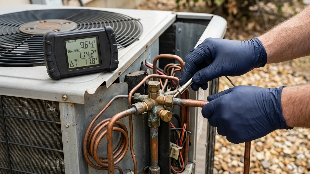 Figure 2: HVAC technician performing digital temperature differential diagnostic testing on heat pump reversing valve copper lines