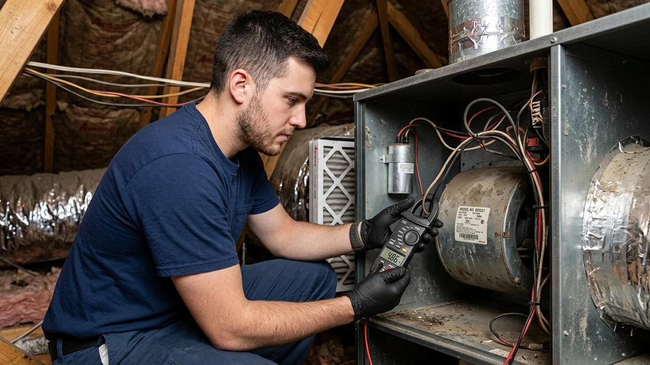 Why Your AC Is Running But Not Moving Air: Blower Motor Failure in Richmond Homes 2 Figure 2: HVAC technician performing an electrical amp-draw test on a blower motor with digital clamp meter in Richmond VA