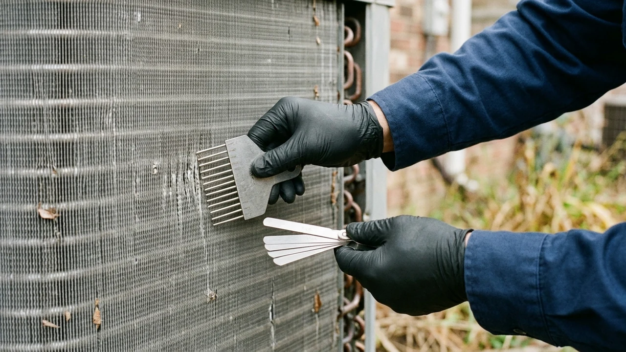Figure 2: HVAC technician in nitrile gloves inspecting outdoor condenser coil cooling fins with fin comb and feeler gauge