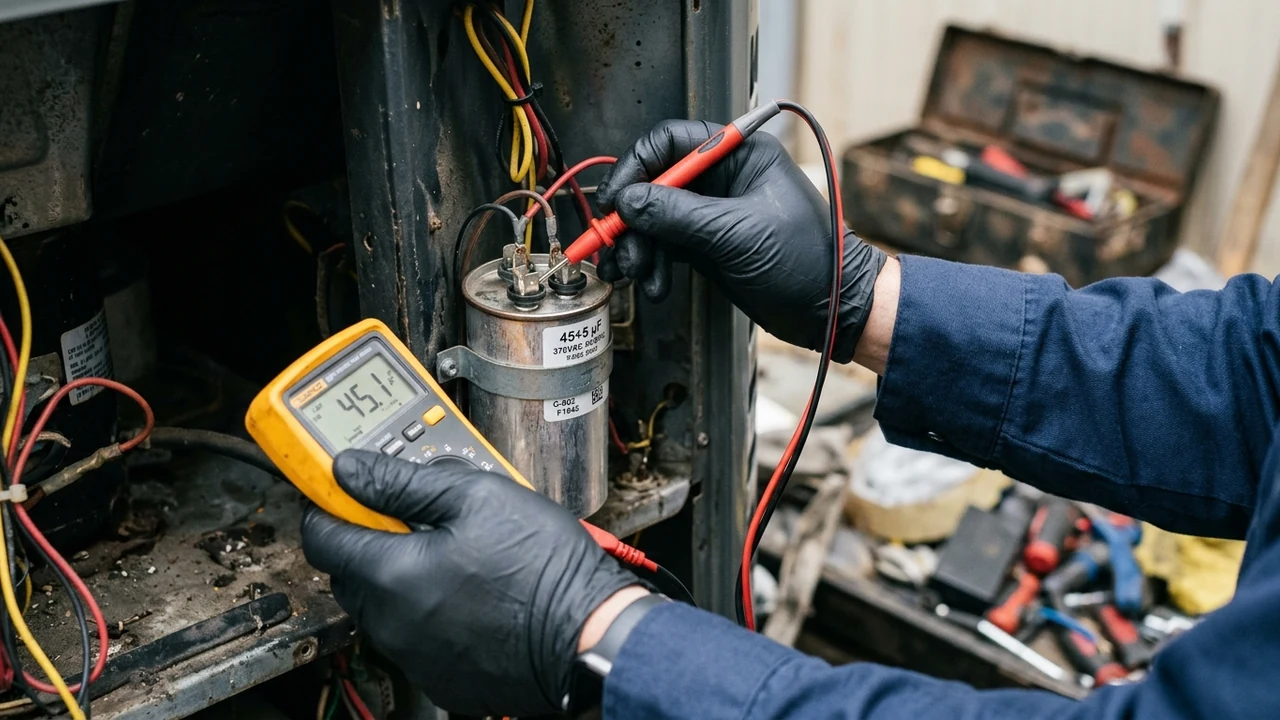 Figure 2: HVAC technician testing an AC dual-run capacitor with a digital multimeter in Richmond VA