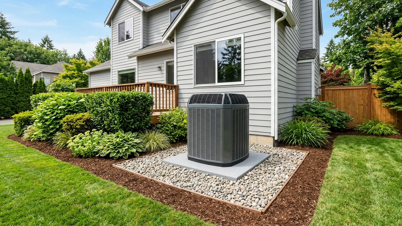 Outdoor central air conditioning condenser unit with proper 3-foot clearance on level concrete pad