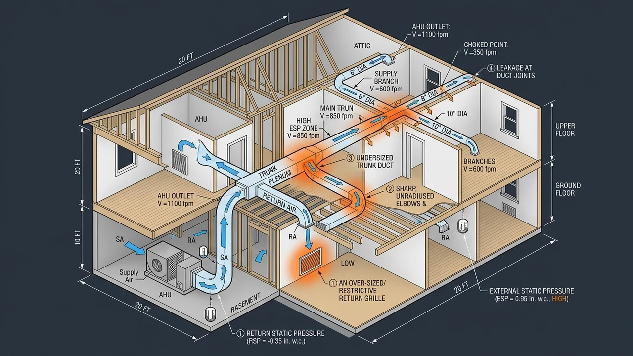 Figure 1: 3D cutaway diagram of residential ductwork static pressure restriction zones and airflow bottlenecks