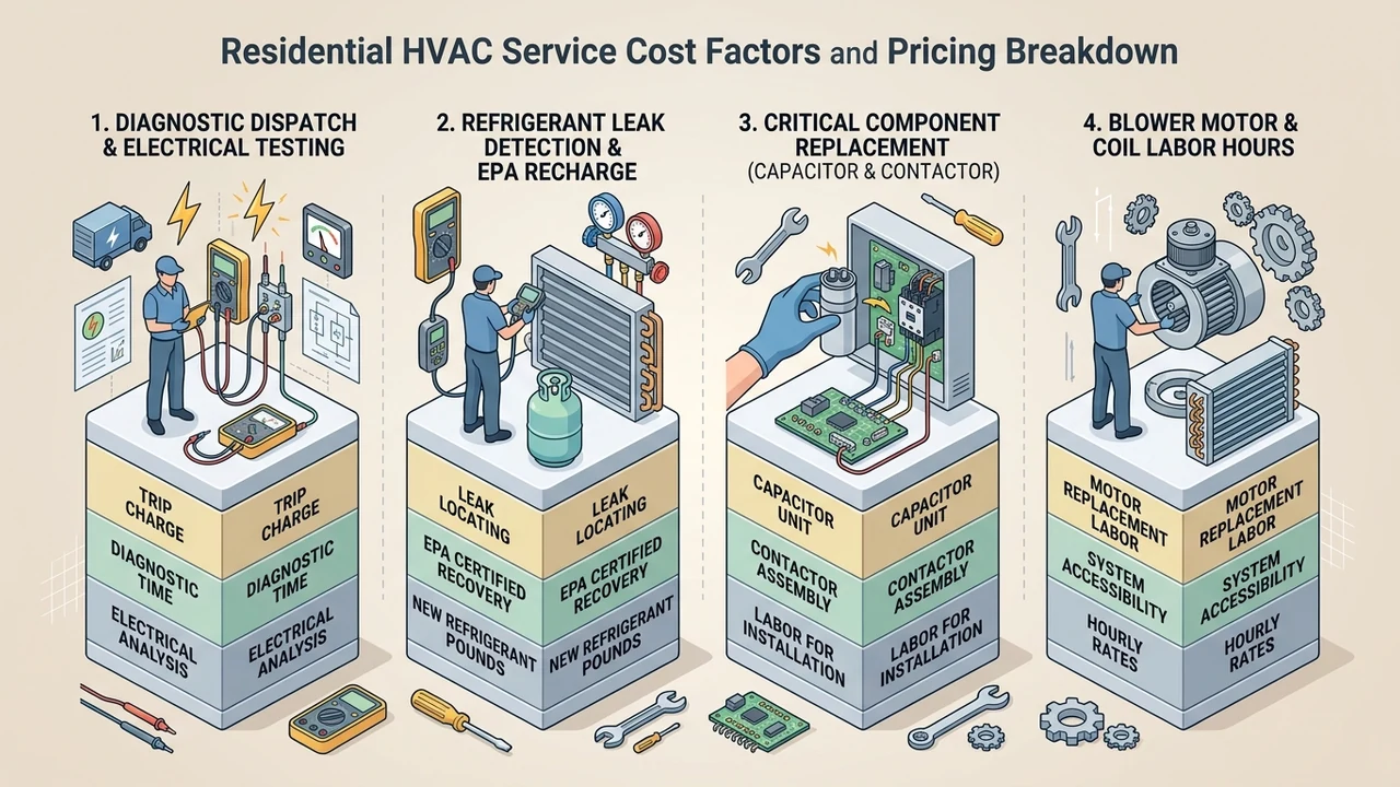 Figure 1: 3D isometric infographic detailing residential HVAC service cost factors and labor rates