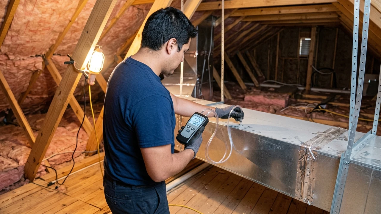 HVAC technician testing static pressure in attic ductwork with digital manometer in Richmond VA home