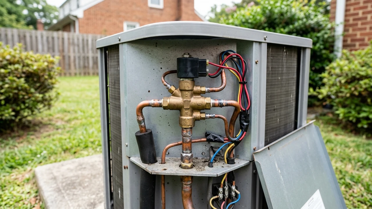 Heat pump reversing valve brass body assembly on outdoor HVAC unit
