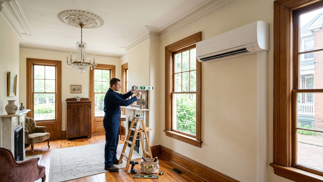 Ductless mini-split indoor unit installed on historic plaster wall in Richmond VA living room