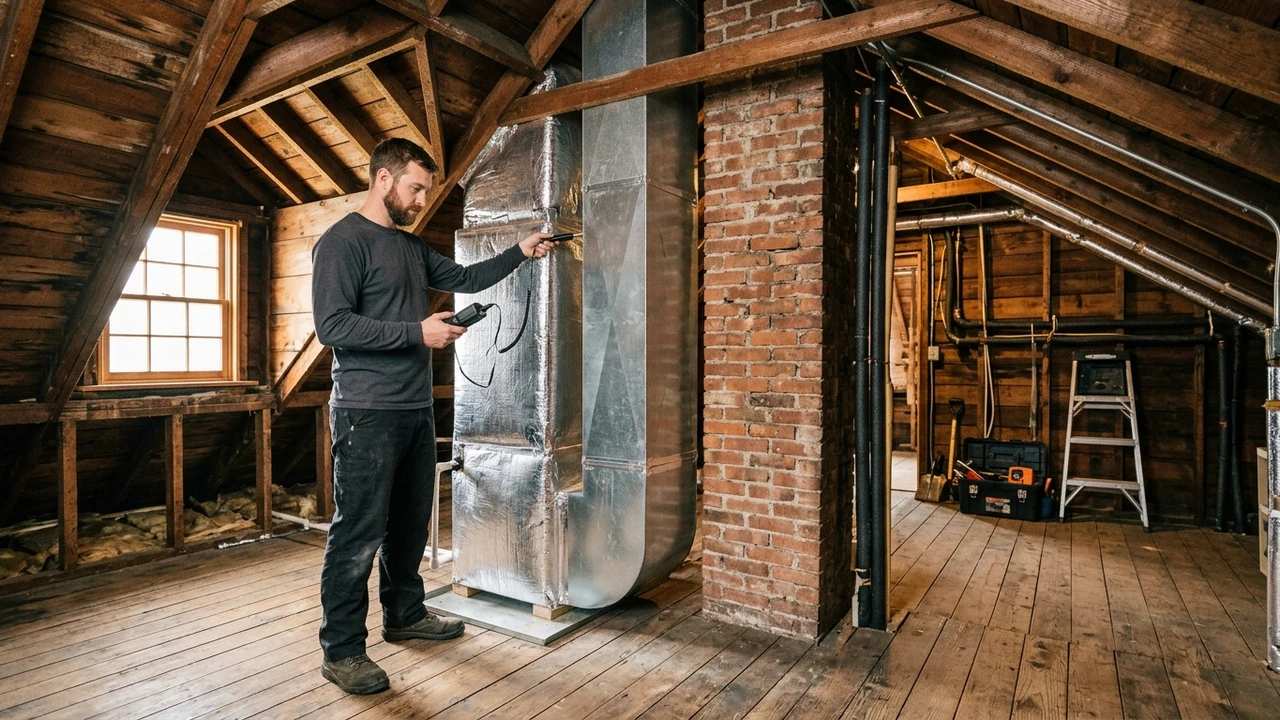 HVAC technician inspecting attic air handler and ductwork in historic Richmond home