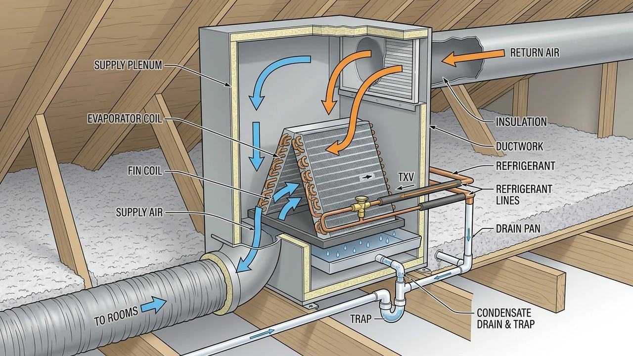 Servicing Aging AC Systems in Richmond's Historic Neighborhoods — What Technicians Find 1 3D cutaway schematic of attic air handler, evaporator coil, TXV valve, and ductwork plenum