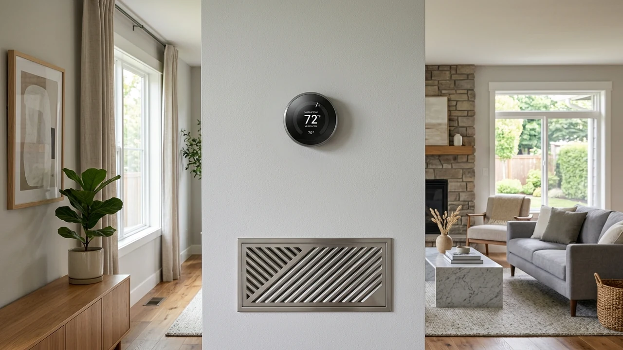 Modern residential living room with smart digital thermostat and ceiling air supply diffuser