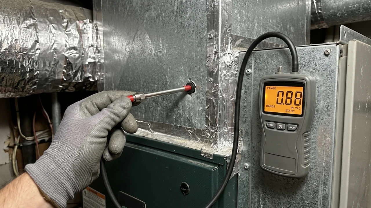 Figure 2: Static pressure probe inserted into sheet metal duct plenum with digital manometer display