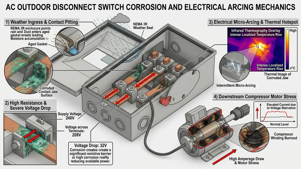 3D electrical engineering cutaway diagram illustrating contact corrosion resistance voltage drop and electrical arcing failure in AC disconnect box