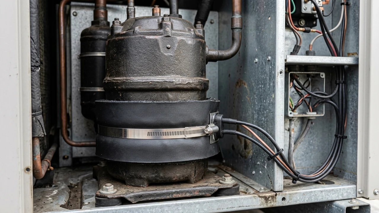 Macro close-up of a belly-band crankcase heater element secured around the base of an outdoor HVAC scroll compressor in Richmond Virginia