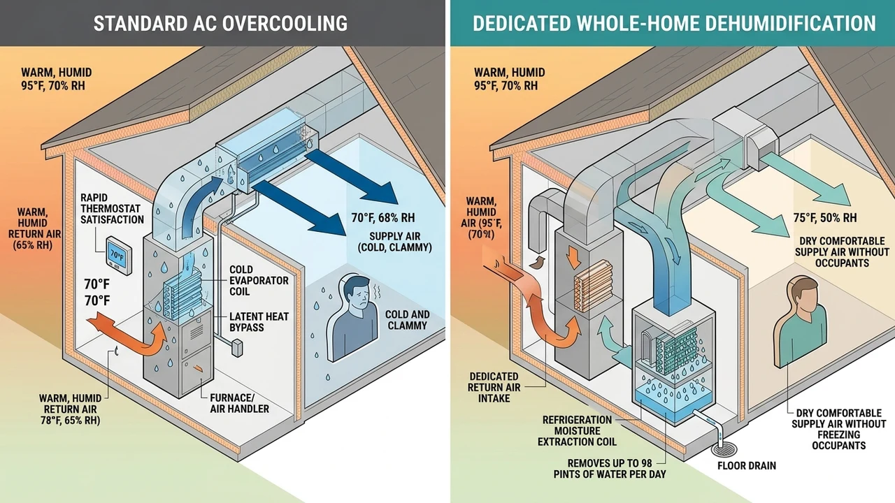 Why Dedicated Whole-Home Dehumidifiers Outperform AC Overcooling in the James River Humidity Basin 1 3D HVAC engineering diagram comparing dedicated whole-home dehumidification versus AC overcooling latent load extraction