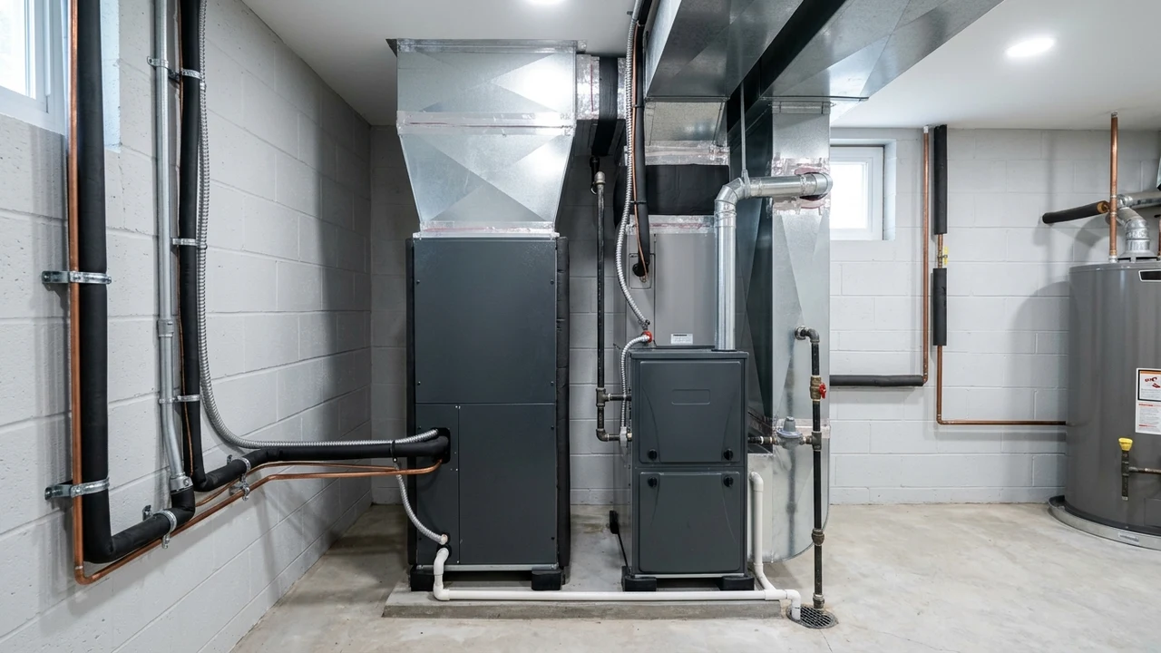 Dual-fuel hybrid HVAC system featuring a high-efficiency heat pump air handler paired with a gas furnace in a residential mechanical room in Richmond VA