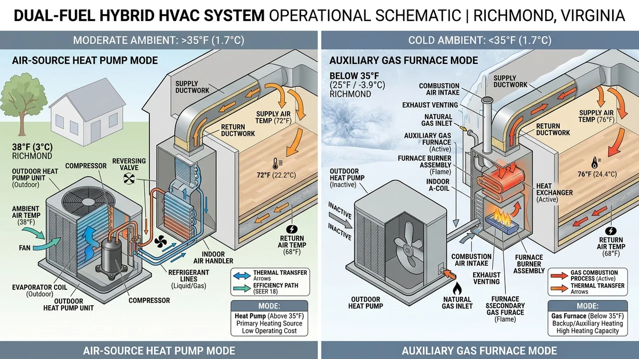 3D engineering cutaway diagram illustrating dual-fuel hybrid HVAC switchover operation between heat pump mode above 35F and gas furnace combustion below 35F