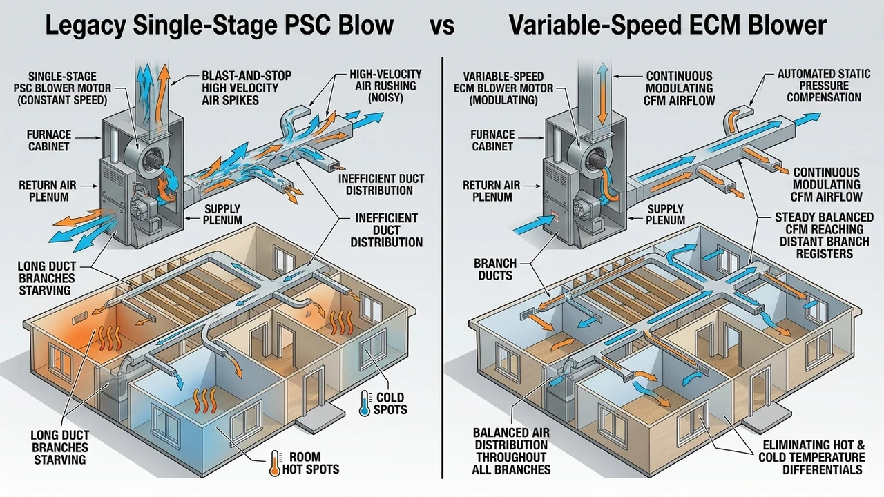 3D engineering cutaway diagram comparing single-stage PSC blower airflow surges with continuous variable-speed ECM CFM modulation eliminating duct hot spots