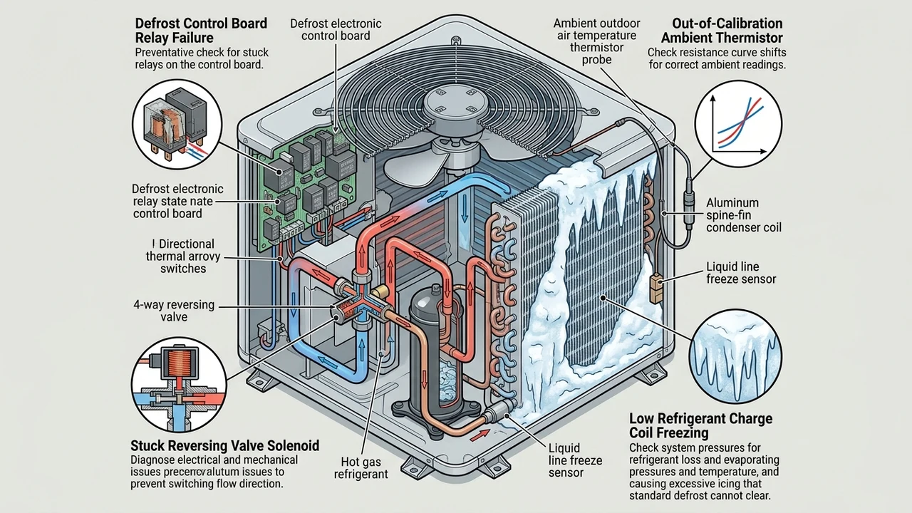 Figure 1: 3D cutaway diagram of heat pump defrost circuit showing reversing valve, control board, and ambient sensor