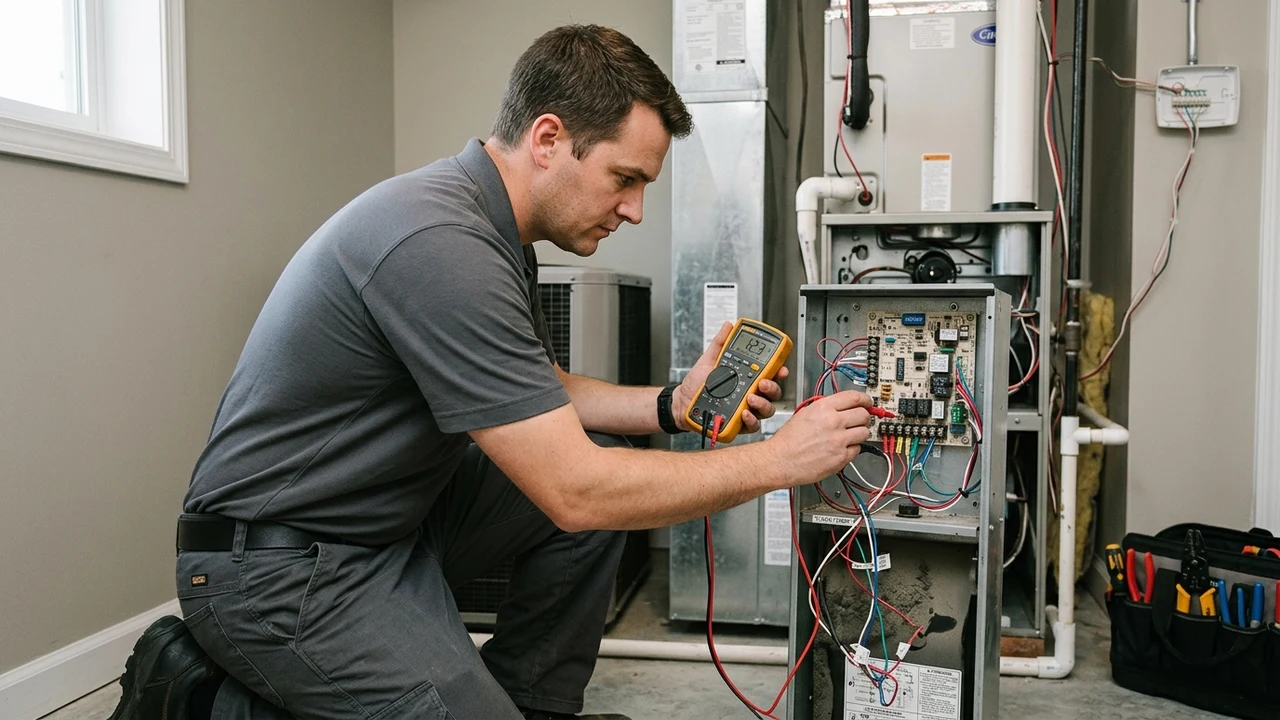 Certified HVAC technician testing balance point switchover controls and staging on a dual-fuel control board using a digital multimeter