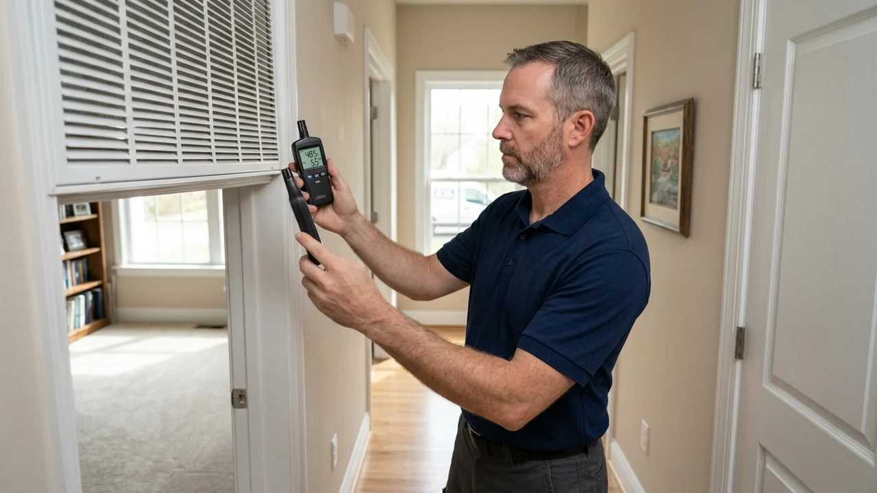 Why Dedicated Whole-Home Dehumidifiers Outperform AC Overcooling in the James River Humidity Basin 2 HVAC service technician in plain navy polo measuring indoor relative humidity with a digital psychrometer