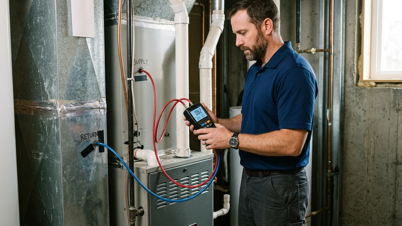 HVAC diagnostic technician testing external static pressure across an air handler plenum using a digital dual-port manometer