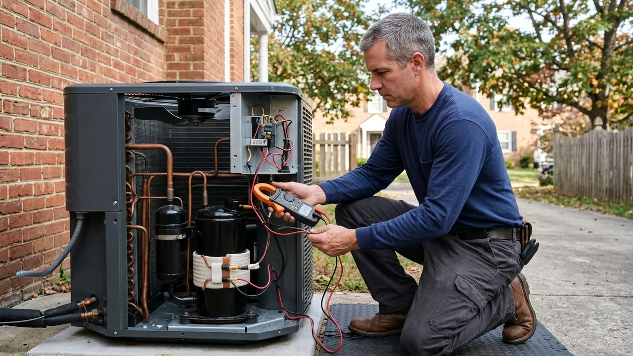Protecting Compressors from Liquid Slugging: The Role of Crankcase Heaters in Richmond Variable Climates 2 HVAC technician in plain solid navy polo measuring crankcase heater electrical continuity and resistance with a digital clamp meter