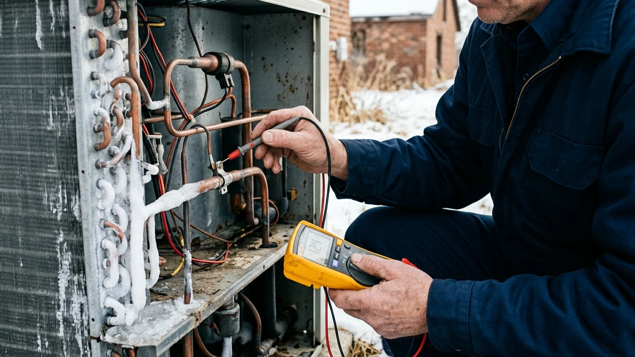 Figure 2: HVAC technician using digital multimeter to test heat pump defrost sensor resistance on frosted copper coil