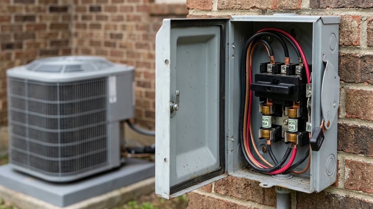Macro close-up of a corroded copper terminal and pull-out block inside an outdoor AC disconnect switch in Richmond VA