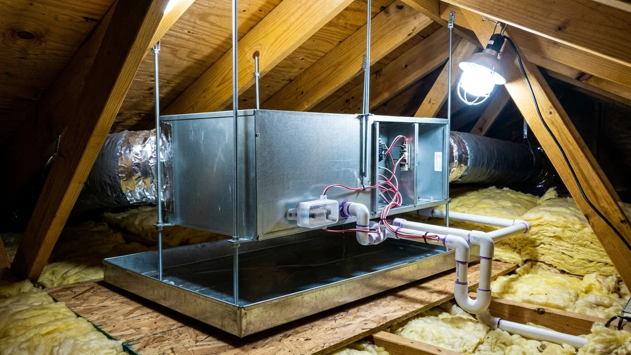 Indoor attic HVAC air handler with condensate safety float switch in Richmond VA