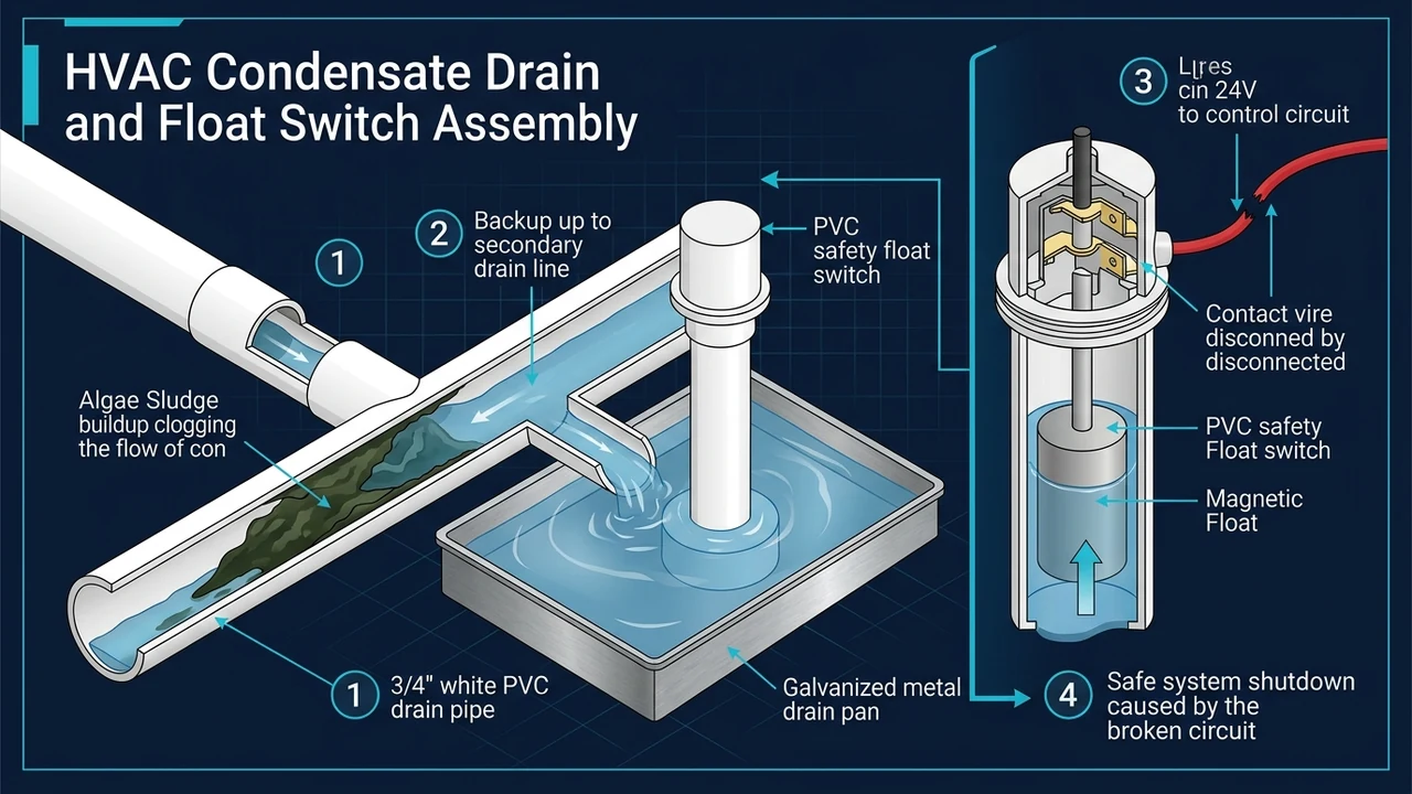 Why Your AC Safety Float Switch Keeps Tripping: Diagnosing Attic Drain Pan Backups Before Ceiling Damage Occurs 1 3D technical cutaway diagram of an AC safety float switch and clogged condensate drain pan